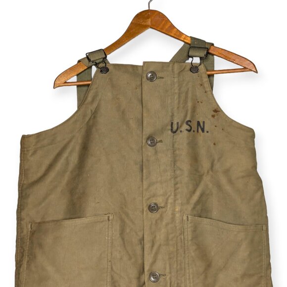 Vintage 1940s WW2 US Navy Deck Bibs Pants Overalls Contract NXsx51851 Size Med - Picture 1 of 16